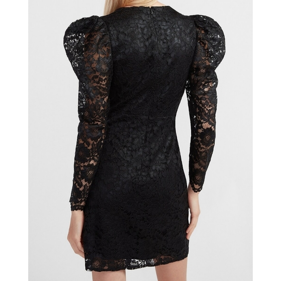 Express Black Lace Puff Sleeve Fit and Flare Dress Women's Size Extra Small XS - Picture 2 of 8